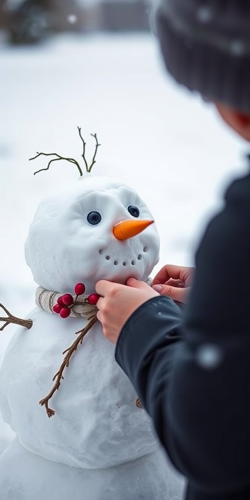 A person building a snowman in a snowy landscape, focusing on the detailed crafting of the snowman's face, with red berries as decoration, taken with a DSLR camera at f/2.8 aperture, 1/200 shutter speed, ISO 200, with a shallow depth of field for a blurred background.