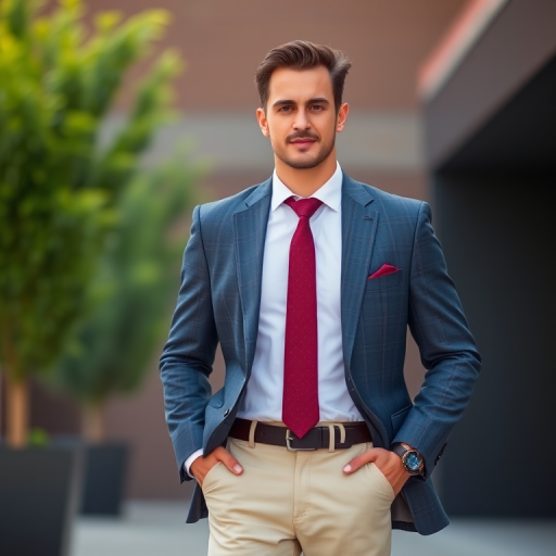 Create an image of a well-dressed man in a suit standing confidently with his hands in his pockets, captured in a full-body shot using a DSLR camera, 50mm lens, f/1.8 aperture, ISO 100, natural lighting, and slightly blurred background for depth.
