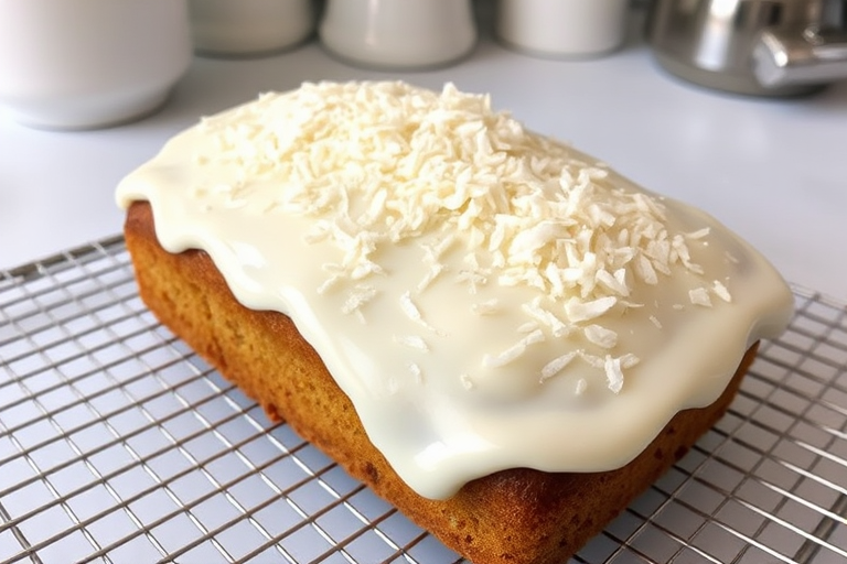A freshly baked coconut loaf cake with a smooth white frosting topped with shredded coconut sitting on a wire cooling rack with a light background and a hint of kitchen items in the scene.
