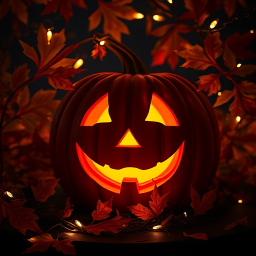 A glowing jack-o-lantern surrounded by colorful autumn leaves and warm fairy lights in a dark outdoor setting.