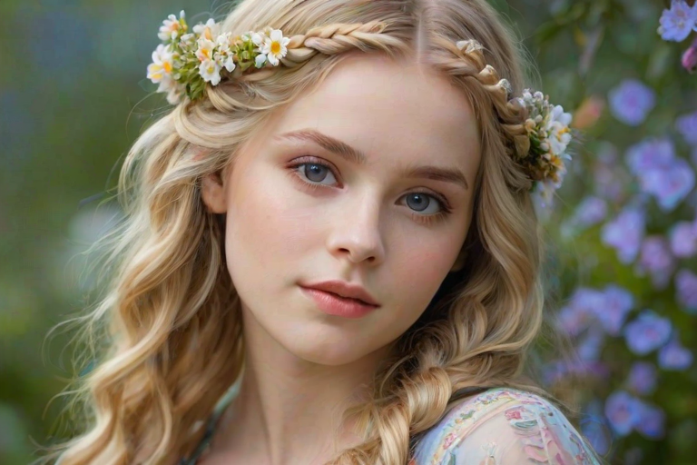 Create an image of a young woman with long, wavy blonde hair, adorned with small, colorful flowers woven into her braids and loose strands. Her complexion is fair, with soft, glowing skin, and she has light blue eyes that gaze softly at the viewer. She wears a light, flowing dress with a gentle, ethereal quality, complementing her delicate and serene appearance. The background is slightly blurred, drawing focus to her tranquil expression and the intricate details of the flowers in her hair. The overall mood of the image is one of natural beauty and grace, evoking a sense of peacefulness and connection with nature.