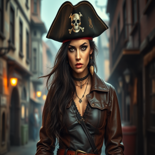 Create a portrait of a fierce female pirate. She wears a leather tricorn hat adorned with a skull and crossbones emblem, and her long, dark hair flows around her face. Her outfit consists of a richly detailed leather jacket, a corset, and multiple layers of belts and accessories, giving her a formidable and stylish appearance. She stands confidently in a dimly lit, historic port town, with a backdrop of weathered buildings and cobblestone streets, capturing the adventurous spirit of a pirate.