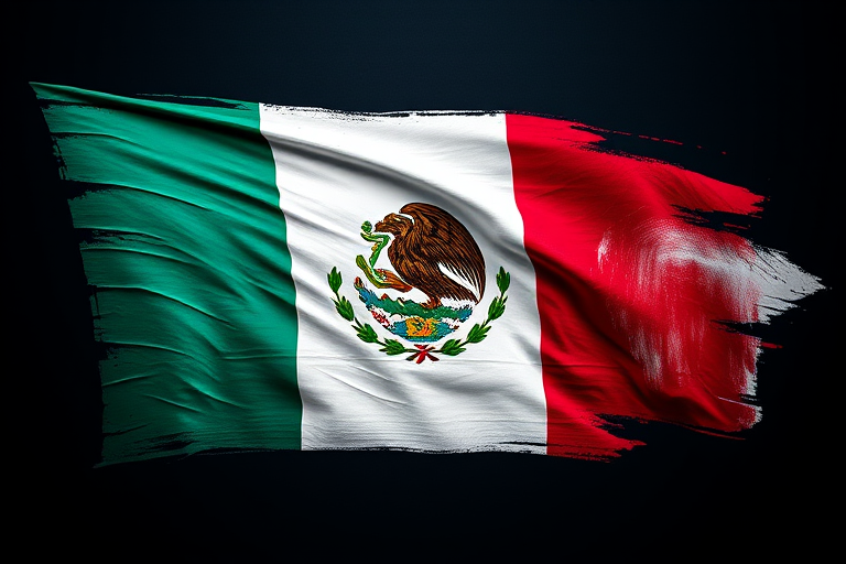 Create a vibrant and dynamic representation of the Mexican flag with a textured brushstroke effect on a dark background, using a DSLR camera with a 50mm lens, f/1.8 aperture, ISO 100, and a low angle view to enhance depth and color saturation.
