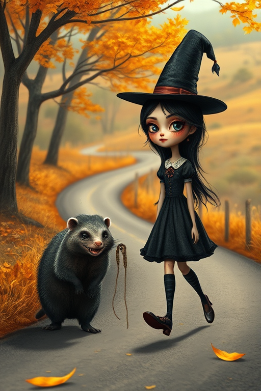 digital art fantasy depicting a strange girl with black hair, long eyelashes, Yellow lipstick and a tall hat walking along a winding road on an autumn afternoon, an Numbat smiles as she passes