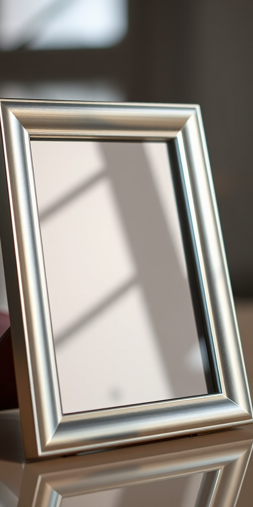Create a sharp, high-resolution image of a sleek, modern photo frame with a polished metallic finish, using a Canon EOS R5, 50mm lens, f/1.8 aperture, ISO 100, with soft focus background and natural lighting to enhance the frame's details.