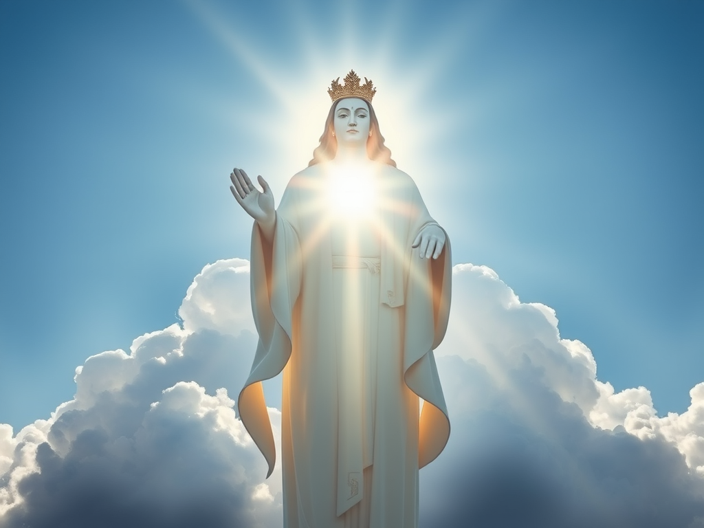 Create a serene image of a divine figure with soft rays of light emanating from behind, set against a fluffy cloudscape in a clear blue sky, captured with a DSLR camera at f/8 aperture, 1/200 shutter speed, ISO 100, using a wide-angle lens at eye level for a majestic view.