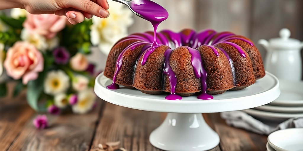 A close-up of a chocolate bundt cake on a white pedestal with vibrant purple glaze dripping down the sides a hand holding a spoon is pouring more glaze from above the background features soft focus flowers and a rustic wooden table setting