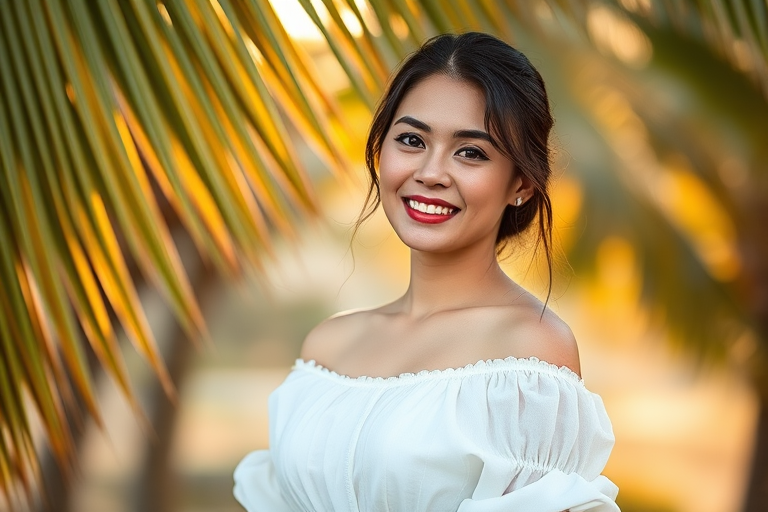 Portrait of a woman in a white dress standing under palm leaves with a soft smile, taken with a DSLR camera, 50mm lens, f/1.8 aperture, ISO 100, natural light, shallow depth of field, golden hour lighting.