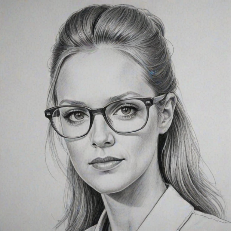 Graceful A.J. Cook, pencil sketch, portrait of Elegant woman 1973s in glasses, hair style beatnik, outline, clear lines, fine lines, 8k