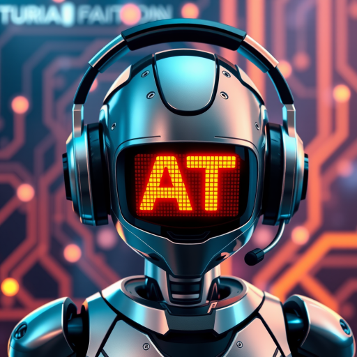 Create an image of a futuristic robot with a sleek metallic design. The robot should have a digital display showing the letters "AT" in bright colors. It is wearing headphones and has an engaging expression. The background should feature abstract tech elements with glowing lights and circuits, conveying a sense of advanced technology and innovation.