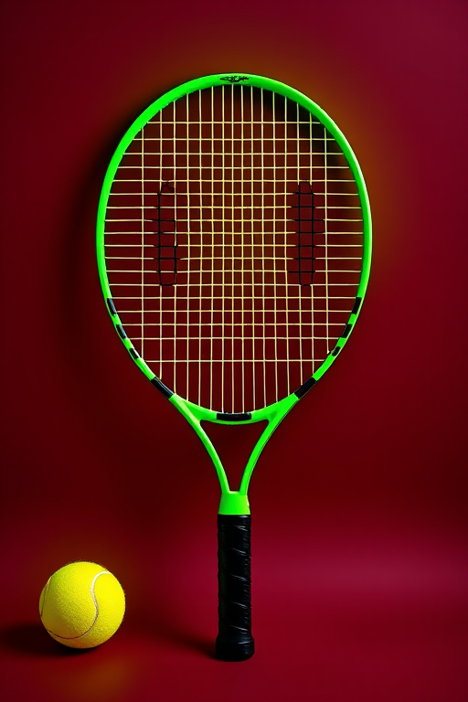 Create an image of a stylized tennis racquet and ball design, vibrant neon green against a deep maroon background, shot with a Canon EOS 5D Mark IV, 50mm lens, f/2.8, ISO 100, using a flat lay view with high contrast lighting for enhanced clarity.