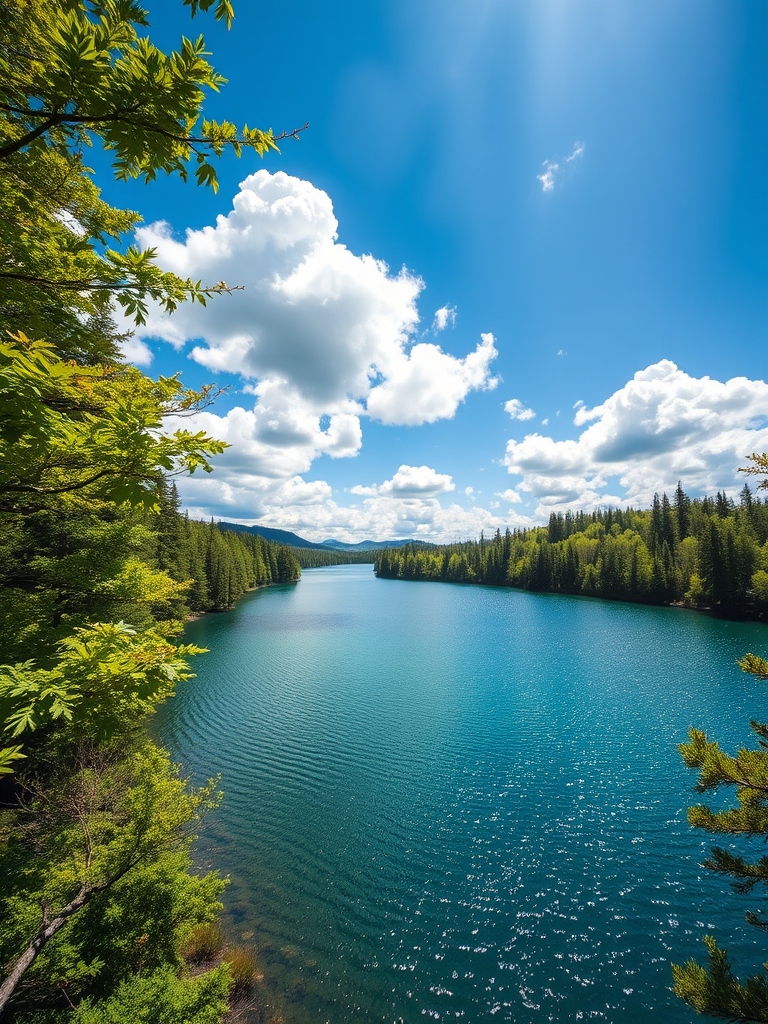 Generate a high-resolution image of a nature scene featuring a sparkling lake surrounded by lush green forests under a clear blue sky with fluffy white clouds, using a Nikon D850 camera at f/8 aperture, ISO 200, 1/200s shutter speed, captured from a wide-angle perspective to emphasize the landscape.