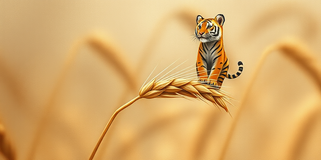 Soft, muted Alcohol Ink with ebru effect background image of tiny whimsical tiger, who climbed high on the top of a golden rye ear.