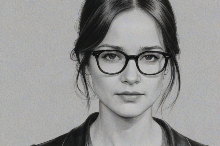 Delightful Katherine Waterston, pencil sketch, portrait of Attractive woman 1968s in glasses, hair style beatnik, outline, clear lines, fine lines, 8k