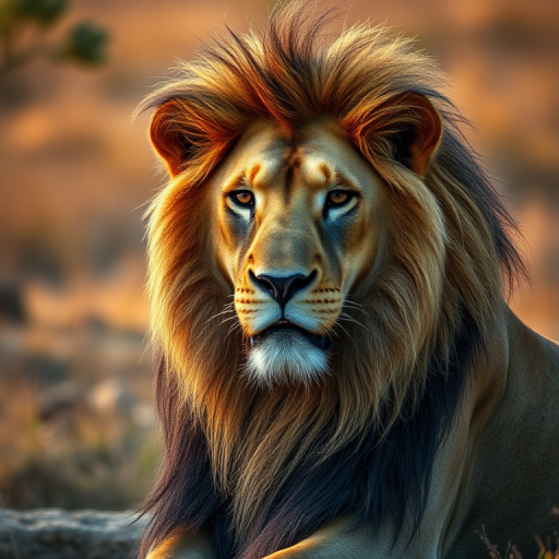 portrait of a lion with a majestic mane sitting in a natural setting, shallow depth of field, golden hour lighting, 50mm f/1.8 lens, ISO 100, aperture f/2.8, DSLR camera, soft focus on the background