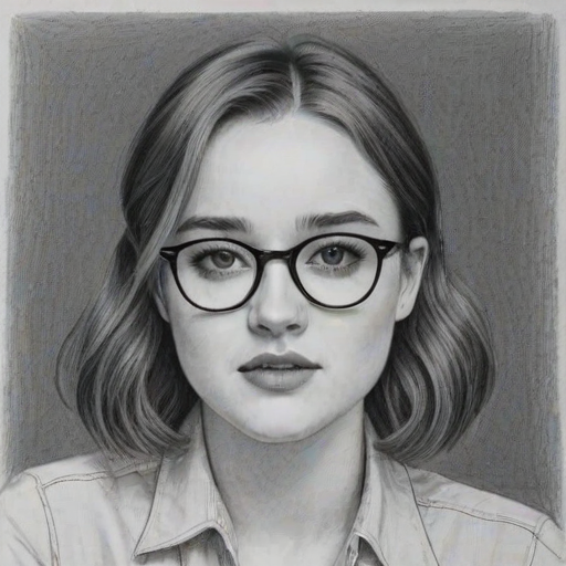 Lovely Kaitlyn Dever, pencil sketch, portrait of Charming woman 1924s in glasses, hair style beatnik, outline, clear lines, fine lines, 8k