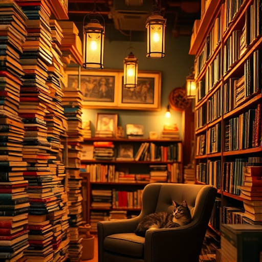 Warmly lit photo of a cozy bookstore interior, stacks of books towering high, with a soft glow from hanging lanterns and a cat curled up in an armchair in the corner.