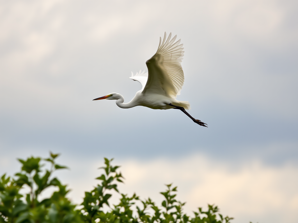 A white egret in mid-flight against a cloudy sky, captured with a DSLR camera using a 400mm lens, aperture set to f/5.6, ISO 200, and a shutter speed of 1/1000s for sharp focus, shot from a low angle to emphasize the bird's wings and surrounding greenery.