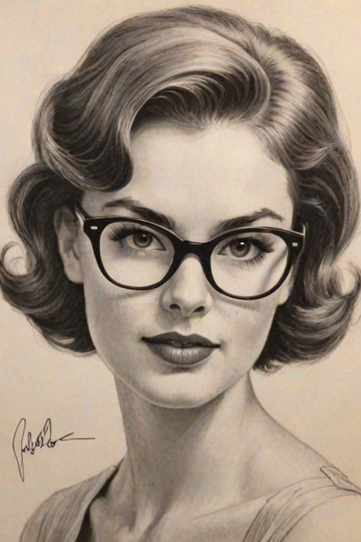 Fascinating Chloe Bailey, pencil sketch, portrait of Ravishing woman 1956s in glasses, hair style beatnik, outline, clear lines, fine lines, 8k