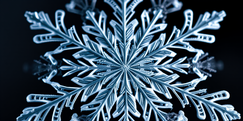 Create a detailed illustration of a snowflake with intricate patterns and symmetry, using a macro lens, aperture f/2.8, ISO 100, 100mm focal length, top-down view, high contrast lighting, digital camera.