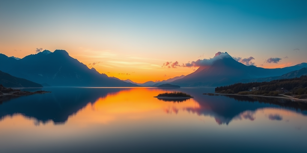 Generate a high-resolution image of a serene landscape with mountains and a lake at sunset, captured with a Canon EOS R5 at f/11, ISO 100, shutter speed 1/125s, using a wide-angle lens, in a vibrant color style, emphasizing the reflections in the water.