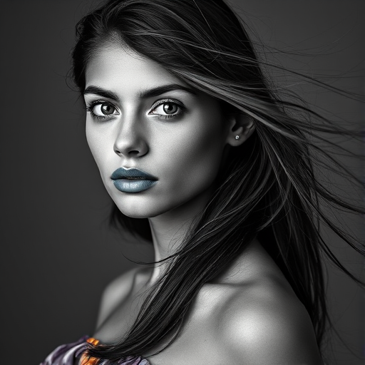 Photographic image of a beautiful young Guarani woman, white eyes, lips with cyan lipstick, long hair fluttering in the wind and wearing a silk strapless dress with a soft purple and orange print. monochrome image with only color highlights in the iris of the eyes, lipstick and dress. Gray background.