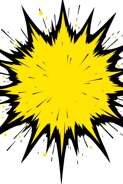 Create an explosion graphic with a bright yellow color and black edges, capturing a dynamic shape with sharp points, using a wide-angle lens at f/8 for depth of field, ISO 100 for clarity, and a high-resolution camera setting to enhance image quality.