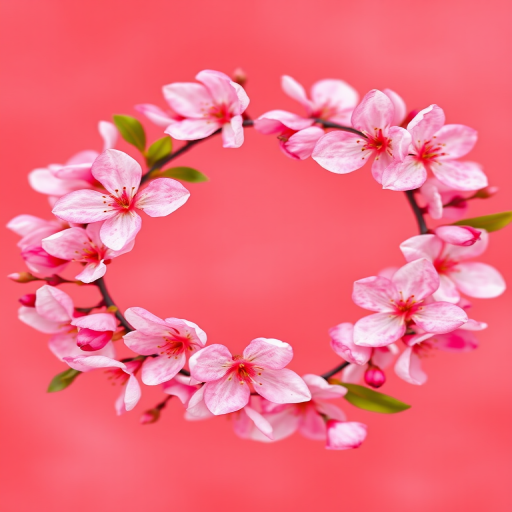 watercolor floral wreath of pink cherry blossoms on a red background, soft focus, taken with a Canon EOS R5, 50mm lens, aperture f/1.8, ISO 200, natural light