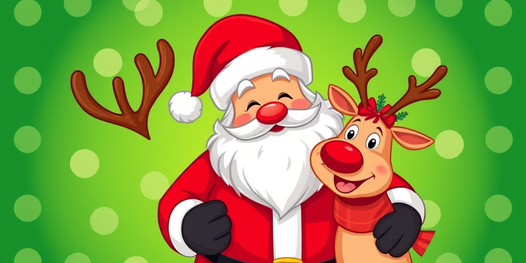 Create a colorful cartoon-style illustration featuring a jolly Santa Claus and a cheerful reindeer, both adorned with festive decorations, on a vibrant green background with circular border lights, using a digital camera at 50mm, f/2.8, ISO 100, and vibrant color settings.