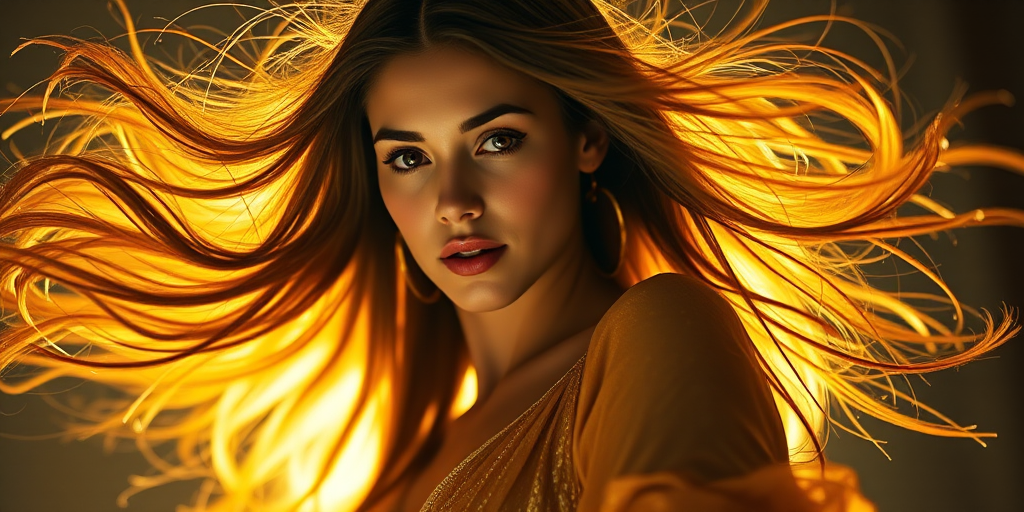 portrait of a woman with long hair flowing around her in a golden dress, soft warm lighting, depth of field effect, using a Canon EOS R5, 50mm f/1.2 lens, ISO 100, f/1.2, 1/200 sec, low angle view, cinematic style, high resolution, vibrant colors