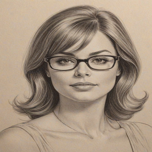 Delightful Erica Durance, pencil sketch, portrait of Alluring woman 1960s in glasses, hair style beatnik, outline, clear lines, fine lines, 8k