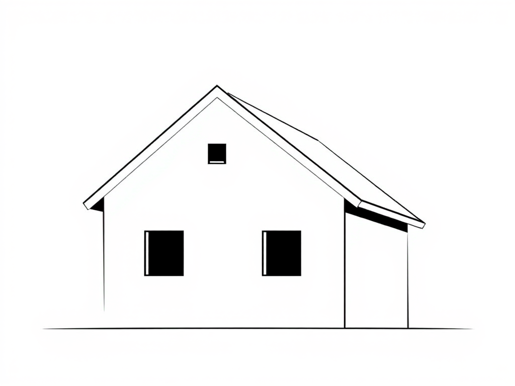 Design a minimalist black and white illustration of a house with a gabled roof and two square windows, captured in sharp focus using a DSLR camera, aperture f/8, ISO 100, 50mm lens, and a straight-on perspective.