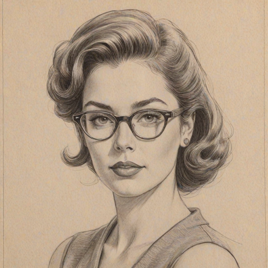 Resplendent Amy Pietz, pencil sketch, portrait of Sublime woman 1950s in glasses, hair style beatnik, outline, clear lines, fine lines, 8k