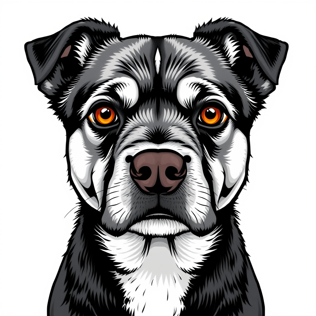 Create a detailed illustration of a black and white dog with striking amber eyes. The dog's face should be prominent and expressive, featuring a mix of fur textures. The background should be a soft, neutral color to enhance the dog's features. The overall style should be bold and graphic, emphasizing the dog's unique characteristics.