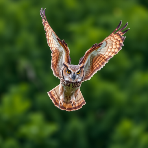 a majestic owl in mid-flight with detailed feathers and vibrant colors, captured with a Canon EOS 5D Mark IV, 300mm f/2.8 lens, aperture f/4, shutter speed 1/2000s, ISO 400, centered composition with a blurred green background to enhance focus on the subject