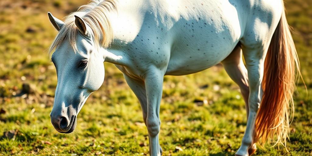 Create a highly detailed illustration of a white horse with a speckled coat, standing on grass, captured in natural light using a DSLR camera, 50mm lens, f/2.8 aperture, ISO 100, shot from a low angle to emphasize the horse's stature.