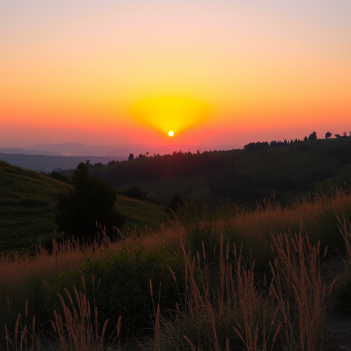 Generate a high-resolution image of a scenic landscape during sunset, using a Canon EOS R5 camera, focal length 24mm, aperture f/8, ISO 400, with a wide-angle view and a vibrant color palette to enhance aesthetic quality.