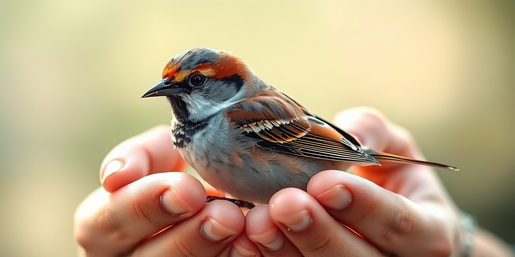a detailed illustration of a sparrow being gently held in two hands, realistic textures and colors, soft natural lighting, shallow depth of field, shot with a DSLR camera at f/2.8, 50mm lens, ISO 200, capturing fine details and vibrant colors, high resolution