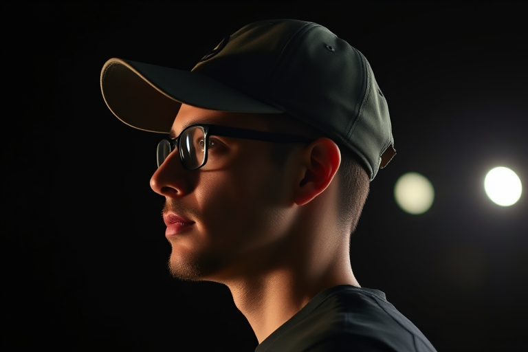 Create an image of a man in profile wearing a baseball cap and glasses, with a dark background and a single light source illuminating his face.