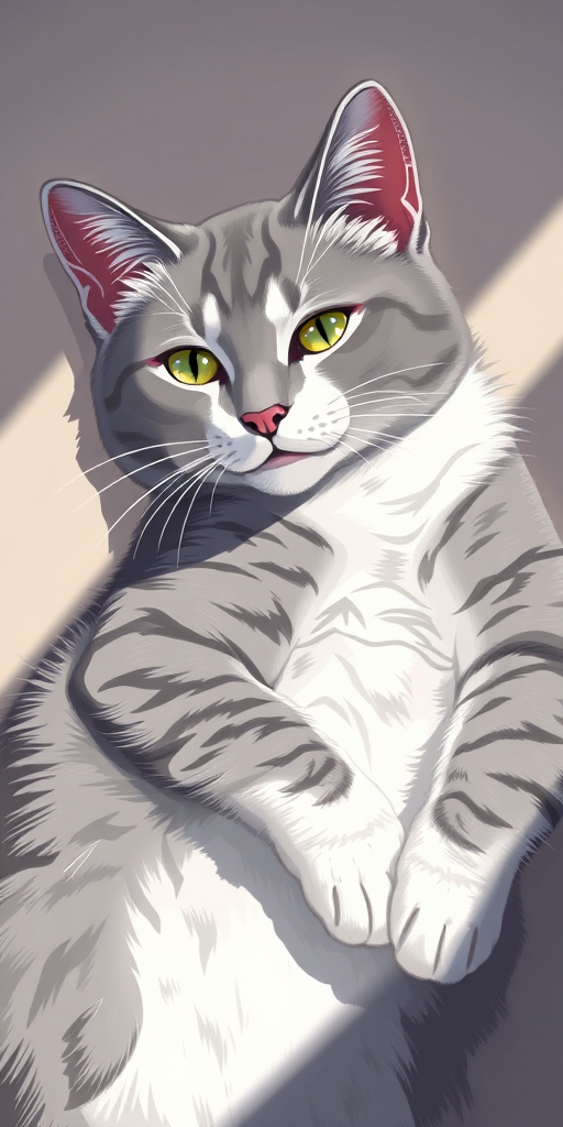Create a high-resolution digital illustration of a gray and white cat lounging, using a 50mm lens, aperture f/2.8, ISO 100, soft natural lighting, and a top-down angle for a contemporary art style.