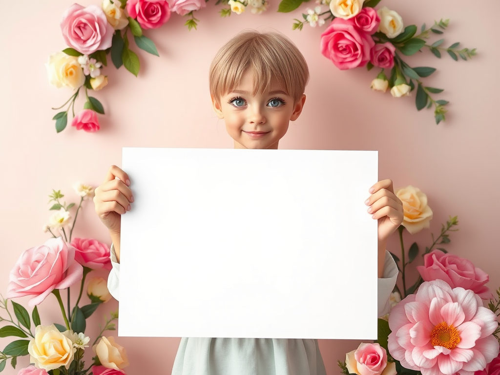 Character holding a blank sign surrounded by floral decorations, soft pastel background, high-resolution, portrait orientation, 50mm lens, f/1.8 aperture, Nikon D750, natural light.