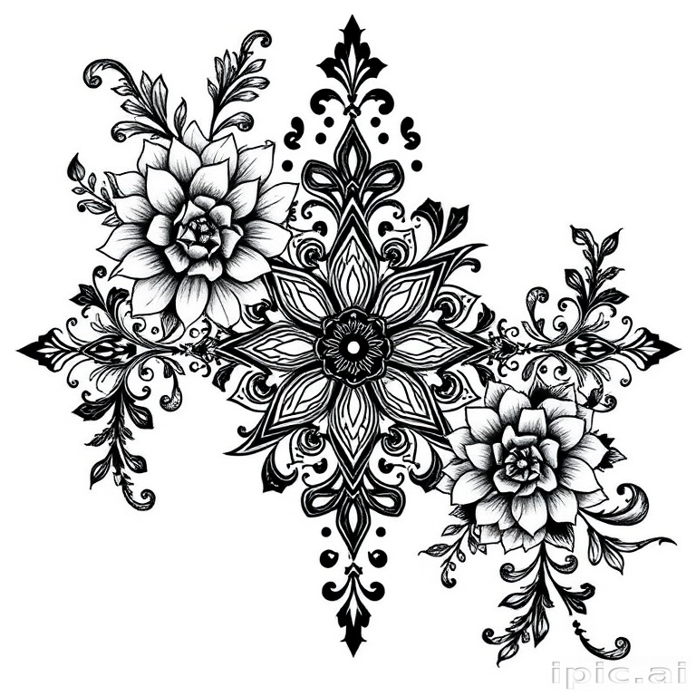 Blackwork ornamental tattoo titled "Gothic Lace" featuring intricate floral and geometric patterns inspired by Victorian architecture with bold black lines and intricate details