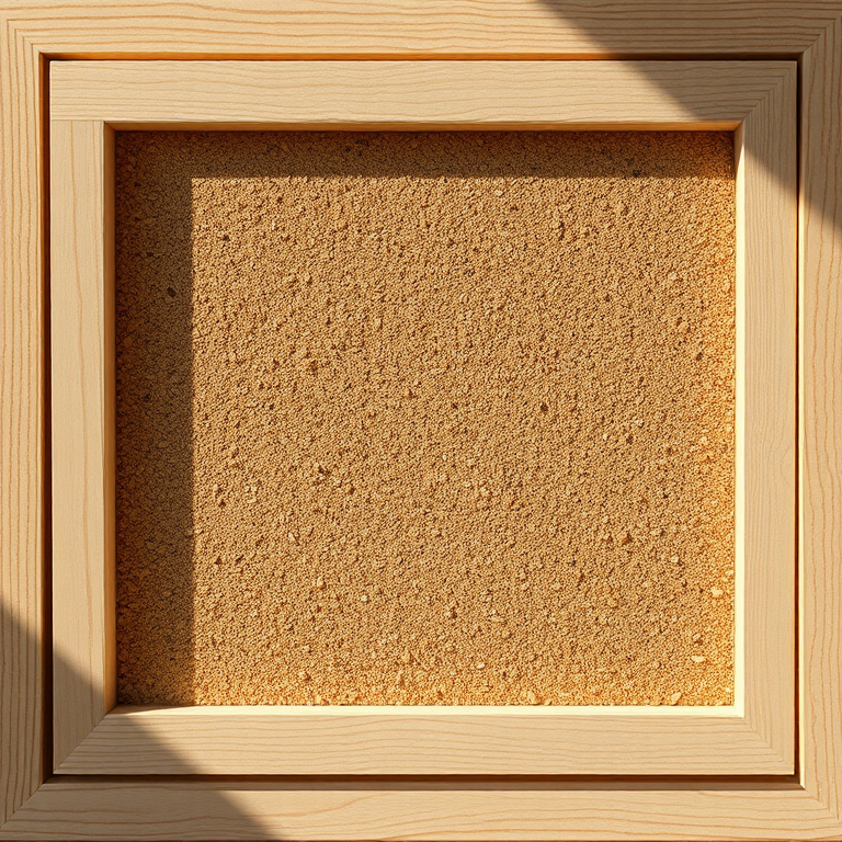 Create an image of a blank corkboard framed in a wooden border, lit with soft natural sunlight, using a DSLR camera with a focal length of 50mm, aperture set to f/2.8, ISO 100, at a high-resolution setting to capture fine textures and details.