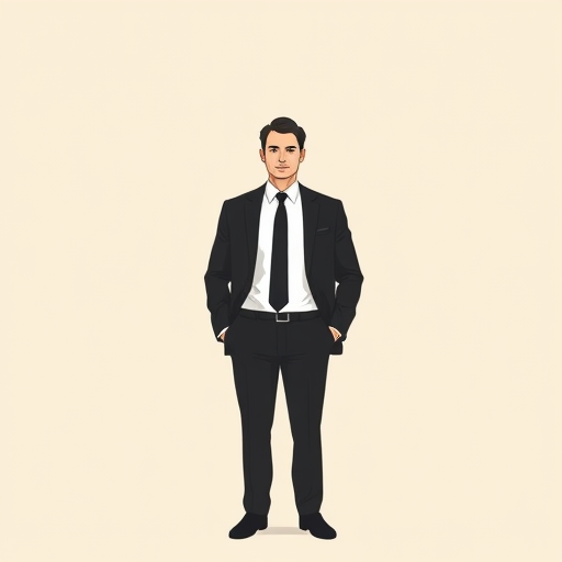 Create a minimalist, vector-style illustration of a businessman standing confidently, wearing a black suit and tie, with a neutral background, captured with a high-resolution DSLR camera at f/4 aperture, 50mm lens, ISO 100, and natural lighting to enhance details and clarity.
