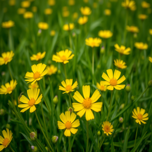 Close-up shot of vibrant yellow buttercup flowers in a lush green field, aperture f/2.8, shutter speed 1/250 sec, ISO 100, 50mm lens, natural lighting, macro photography style, DSLR camera.