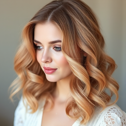 Romantic rose gold hair in loose vintage-inspired curls, designed by Blush Petal, showcasing a soft, feminine look with delicate pearl accents and subtle champagne blonde highlights