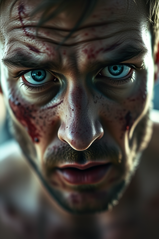 Close-up portrait of a distressed man with intense blue eyes, covered in dirt and blood, dramatic lighting from one side, shallow depth of field, 50mm lens, f/1.8 aperture, ISO 200, low angle shot, DSLR camera with high dynamic range settings.
