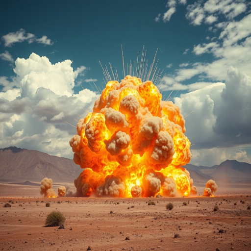 Capture a high-resolution image of a massive explosion in a desert landscape with dynamic clouds of smoke and fiery sparks, using a DSLR camera with a wide-angle lens, aperture set to f/8 for depth of field, ISO 400 for clarity, and a shutter speed of 1/500s to freeze the action, taken from a low-angle perspective to emphasize the scale and intensity.