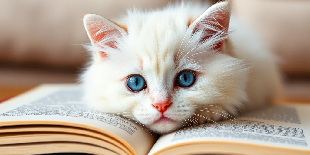 A fluffy white cat with striking blue eyes resting on an open book with blurred background details, showcasing its adorable features and soft fur.