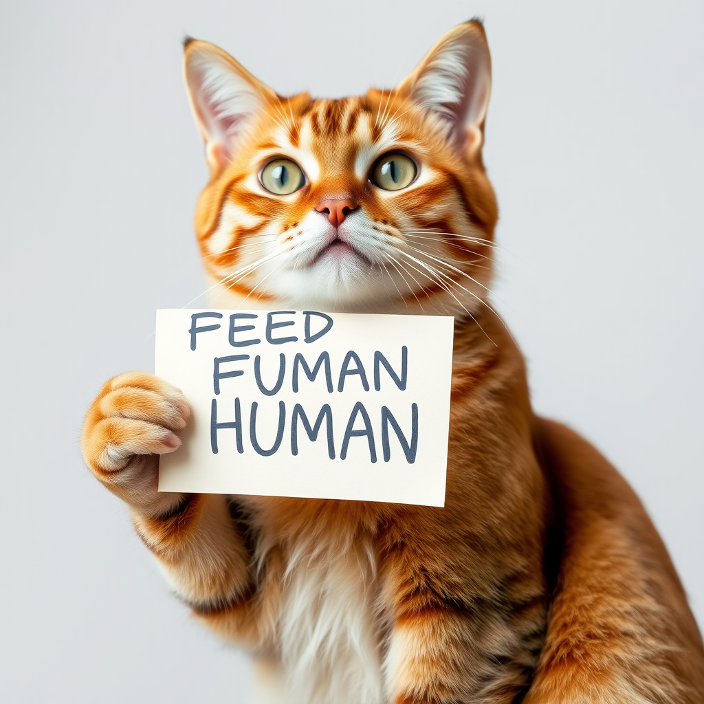 cat holding a note which says "FEED ME HUMAN"